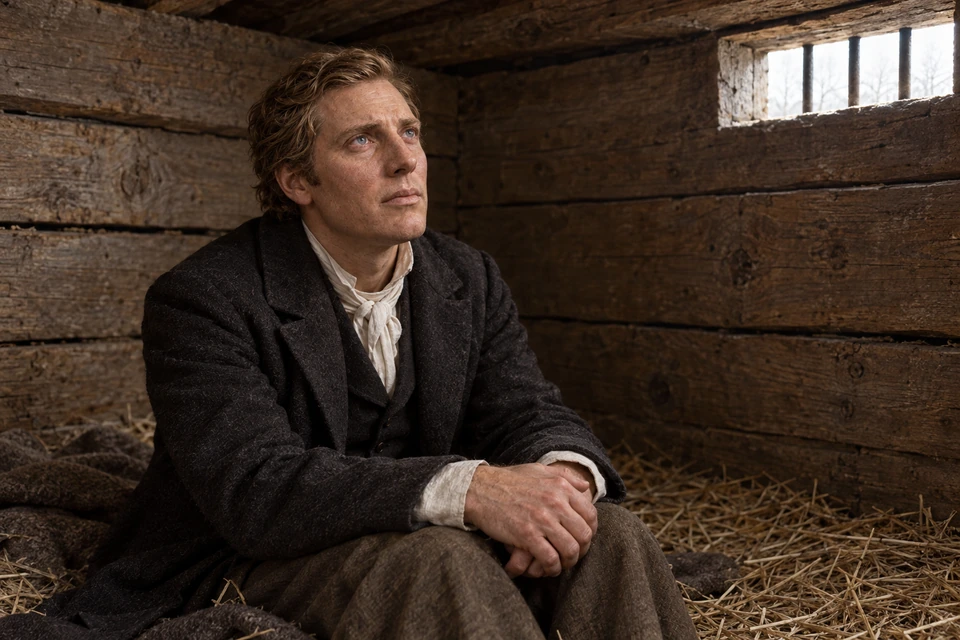 Joseph sits among straw beneath a narrow barred window, looking upward in earnest prayer.