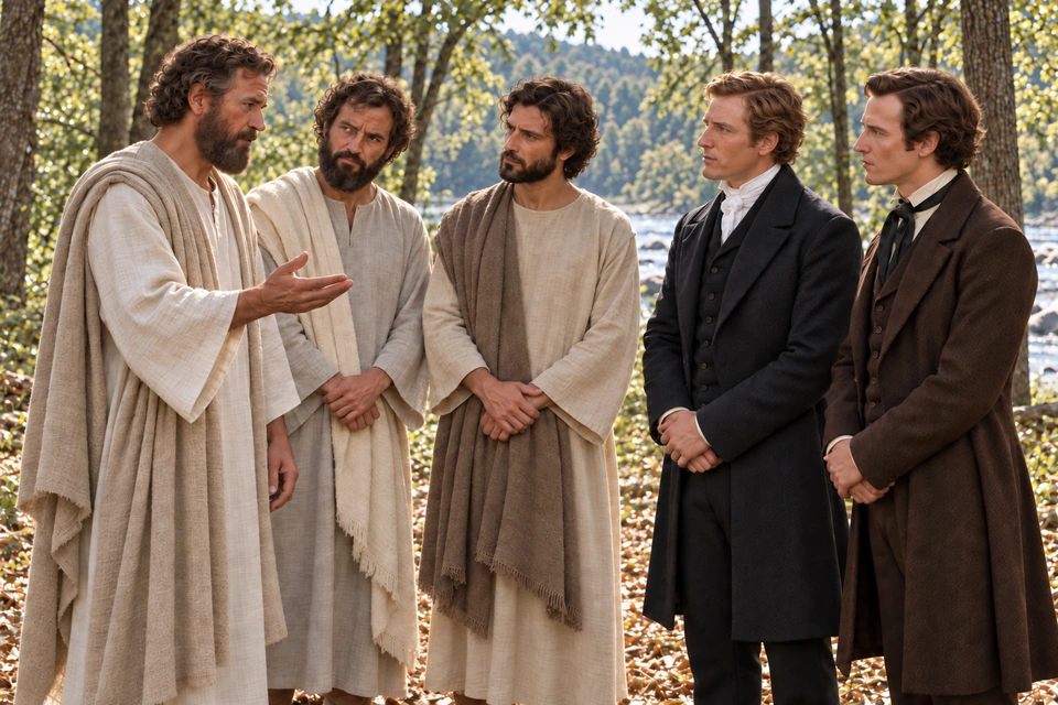 Joseph Smith and Oliver Cowdery stand with Peter, James, and John in a wooded setting near the Susquehanna River.