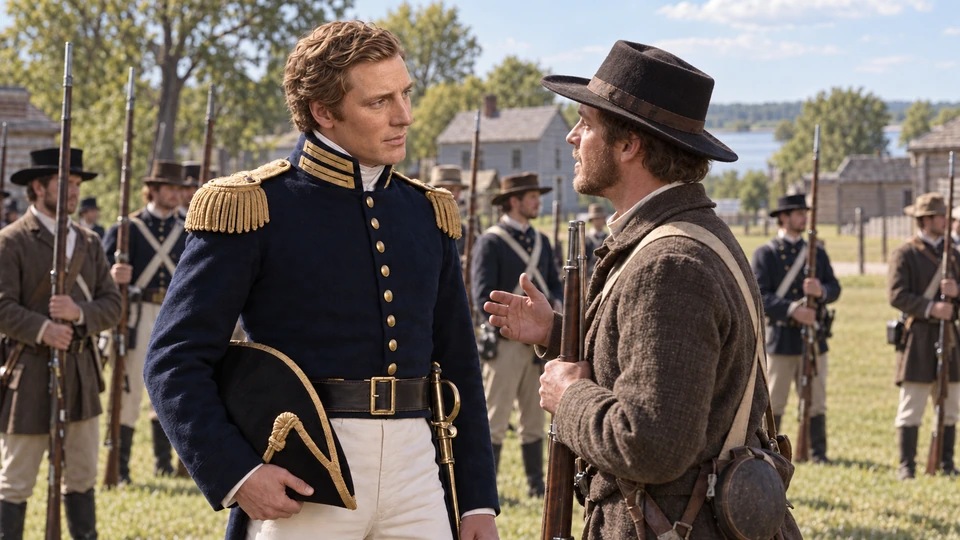 Joseph, wearing a dark blue militia uniform, listens to a volunteer on a grassy parade ground.