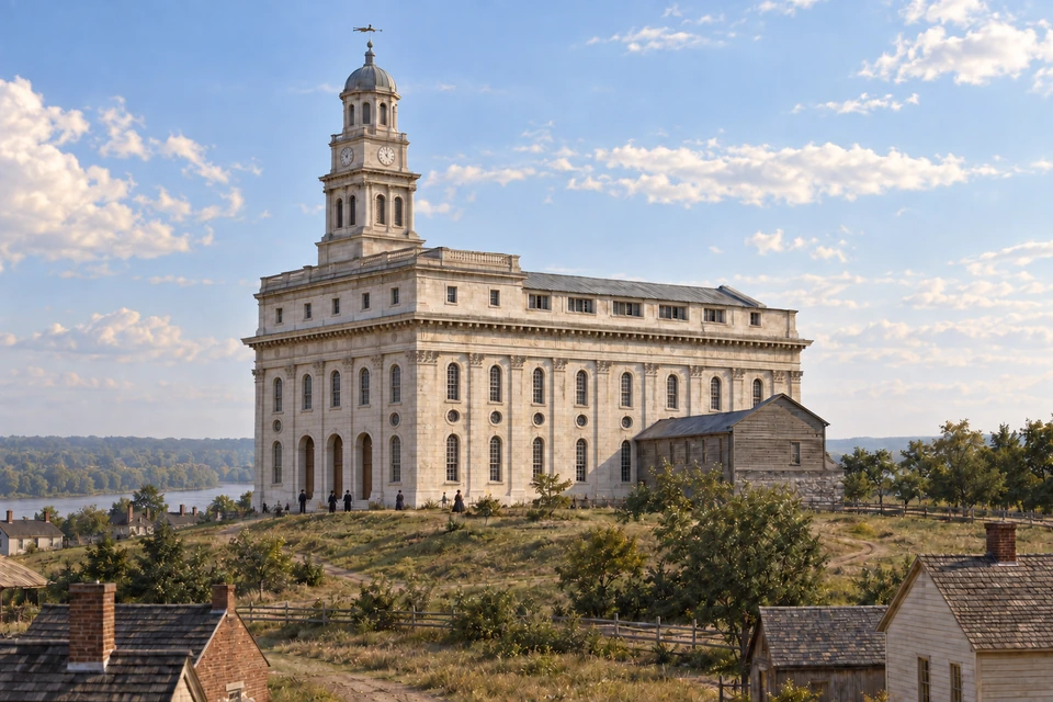 The original Nauvoo Temple rises above wooden homes near the Mississippi River, with a horizontal angel weather vane on its tower.
