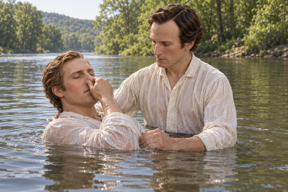 Oliver supports Joseph as he leans backward toward immersion in the river.