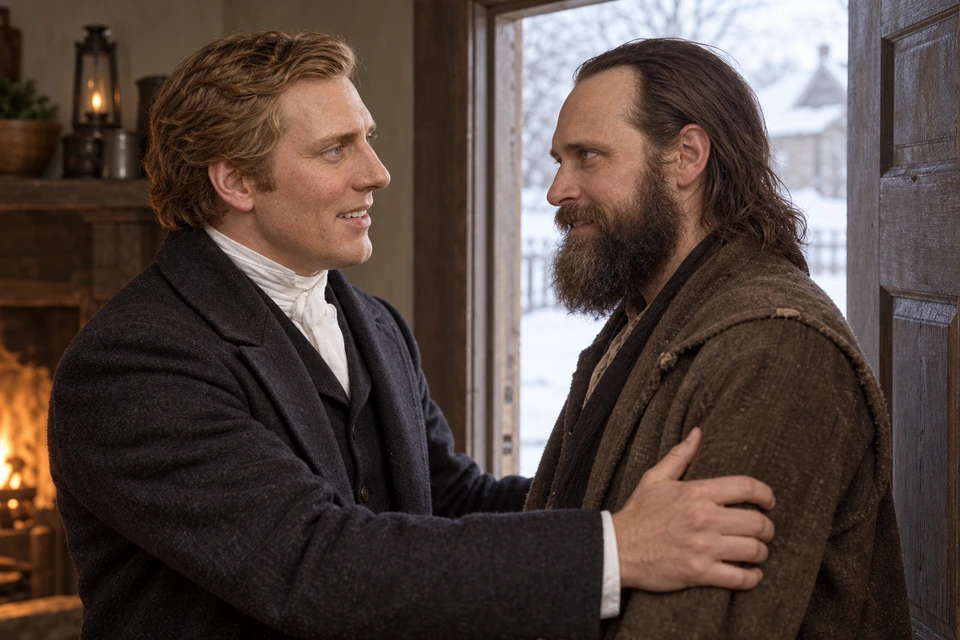 Joseph and Porter Rockwell meet each other’s gaze as Joseph welcomes him at a doorway.