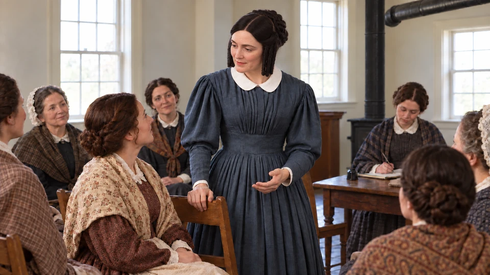 Emma speaks with women gathered in a simple meeting room, meeting the gaze of a seated listener.
