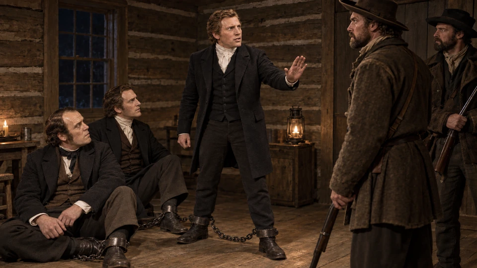 Joseph stands in ankle chains and raises a hand toward armed guards while Parley Pratt and Hyrum Smith sit beside him.