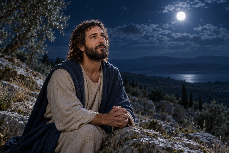 Jesus prays outdoors beneath the night sky.