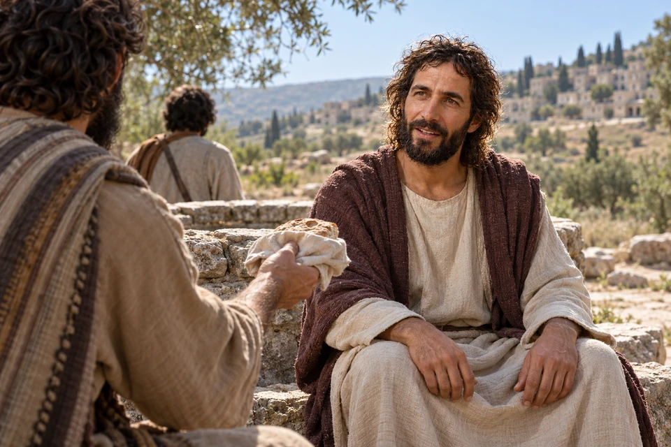 Disciples offer food to Jesus beside a well.