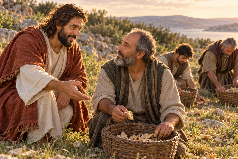 Jesus speaks to a disciple as others gather remaining bread.