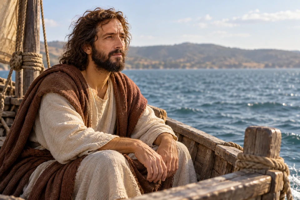 Jesus departs by boat on the water.