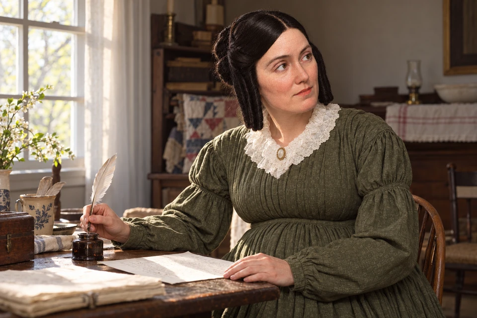 Emma writes beside a manuscript in a sunlit room.