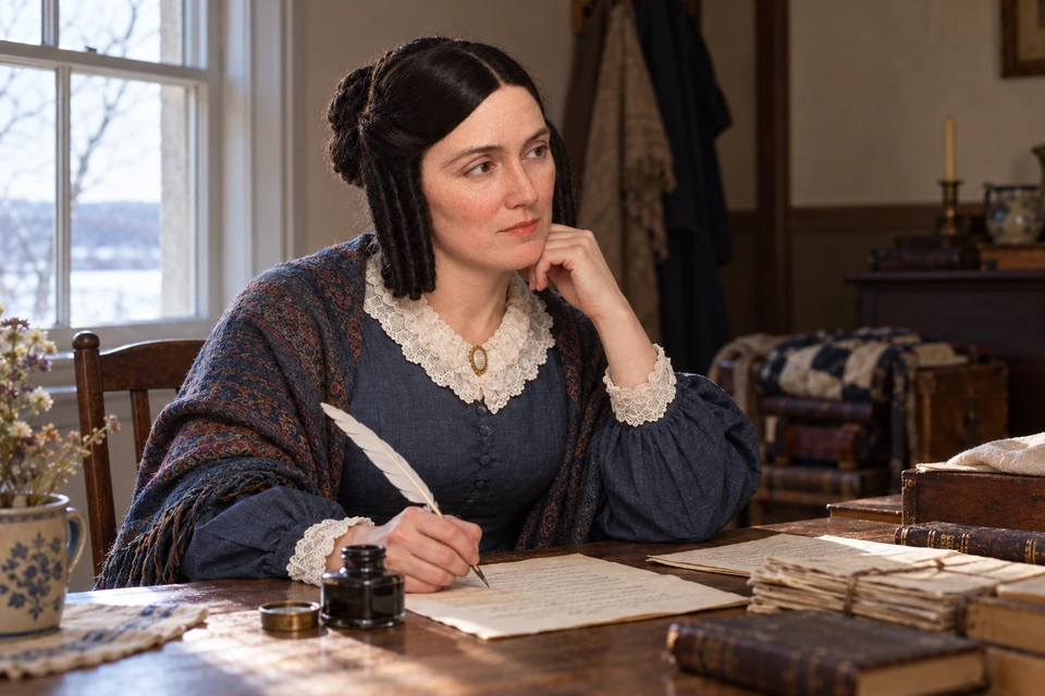 Emma pauses beside a letter and writing materials.