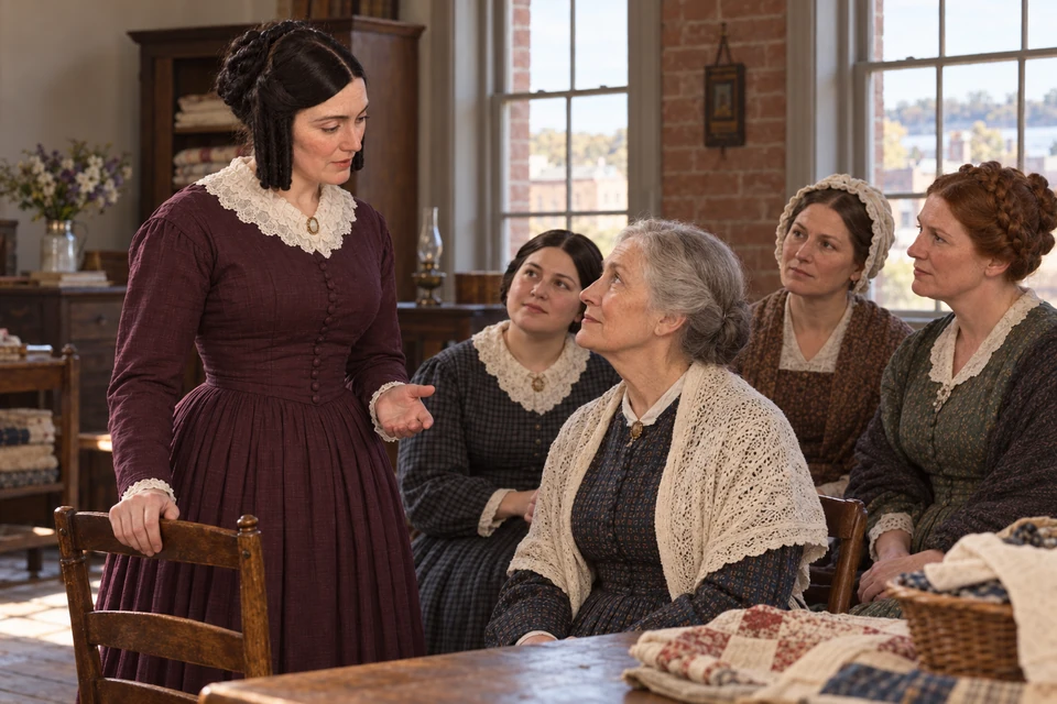 Emma speaks with four women in an upstairs room.