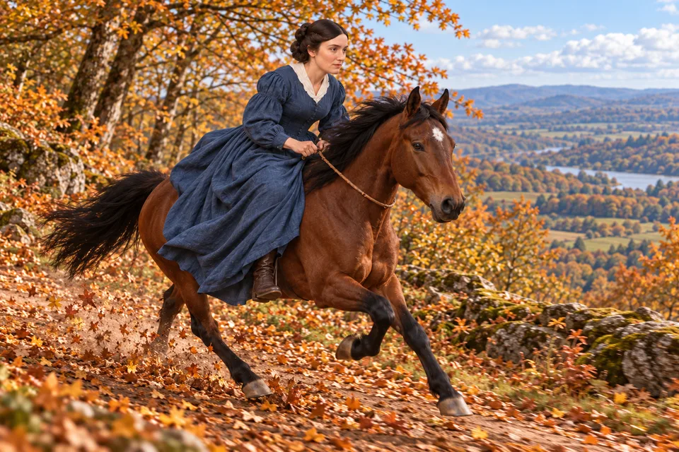 Emma Smith at twenty three, wearing a long blue dress, rides sidesaddle at a gallop on a brown horse up a leaf covered slope in autumn, leaning forward with both hands on the reins and her eyes on the path ahead.