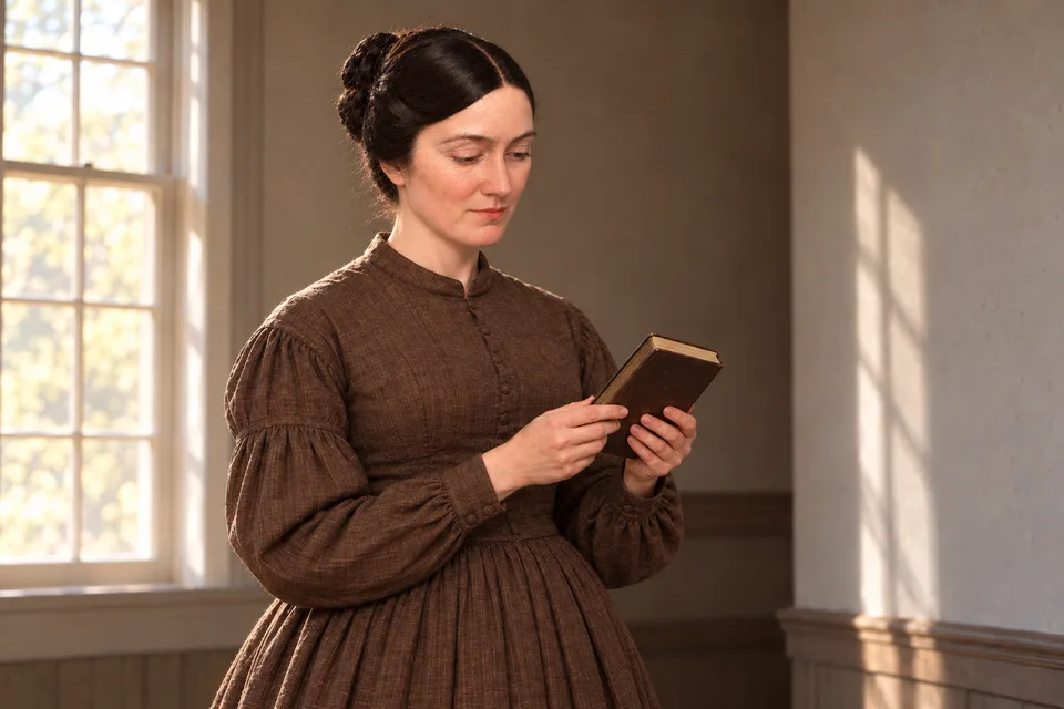 Emma Smith at thirty one, wearing a brown dress, stands by a window holding a small bound book in both hands and looking down at it.