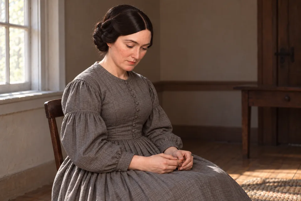 Emma Smith at thirty four, wearing a gray dress, sits by a window with her hands folded in her lap and her gaze lowered.