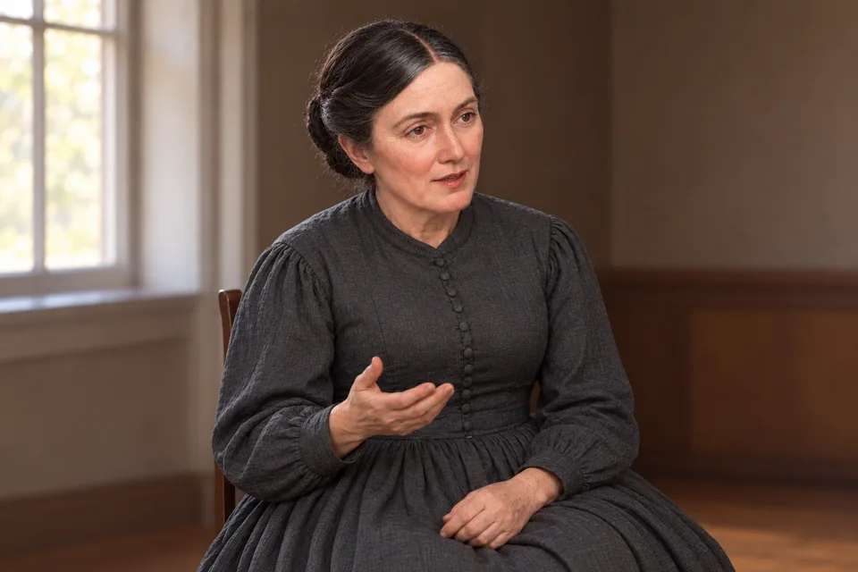 Emma Smith at seventy four, wearing a dark gray dress, sits speaking, one hand raised in conversation, her gaze toward the one she is speaking with.