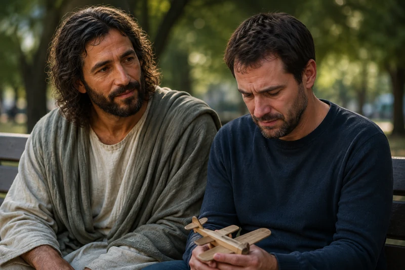 Jesus Christ listening beside a grieving father holding a toy airplane