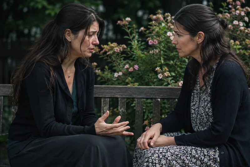 Two women making room for a quiet conversation in a garden