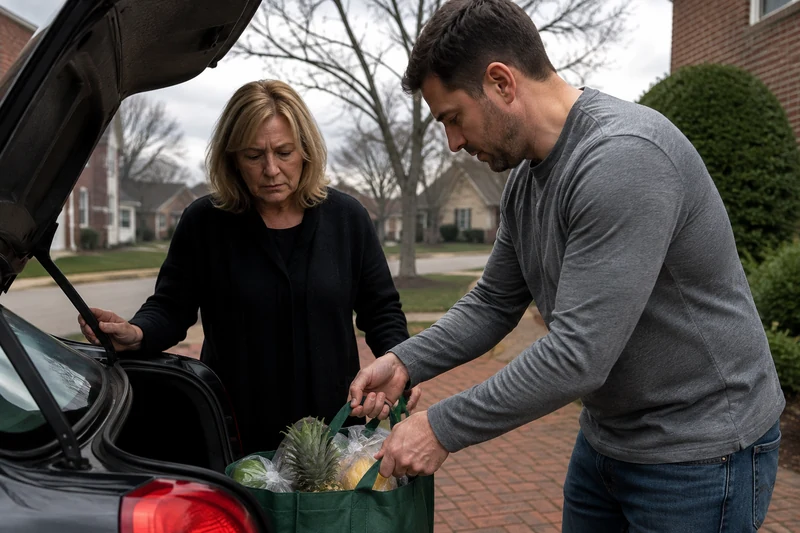 A neighbor helping a parent load groceries into a parked car