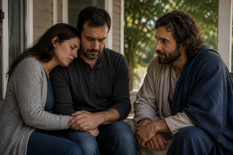 Jesus Christ sitting quietly with grieving parents