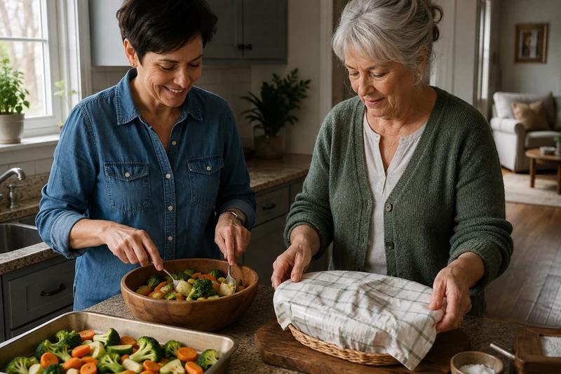 Two women preparing a vegetable meal and covering a dish in a home kitchen