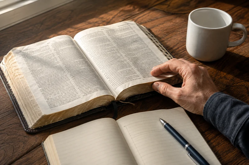 A close view of an open Bible, notebook, pen and ceramic cup, with a reader’s hand resting on the page