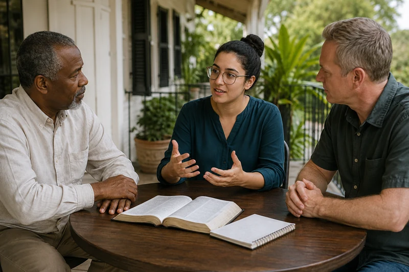 Three adult friends discussing belief around a table with an open Bible and notebook