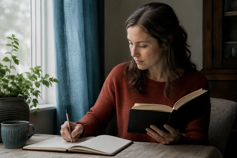 A woman in a russet sweater holding an open book and writing in a notebook beside a window