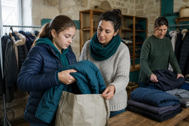 A parent and teenager preparing coats for others to use