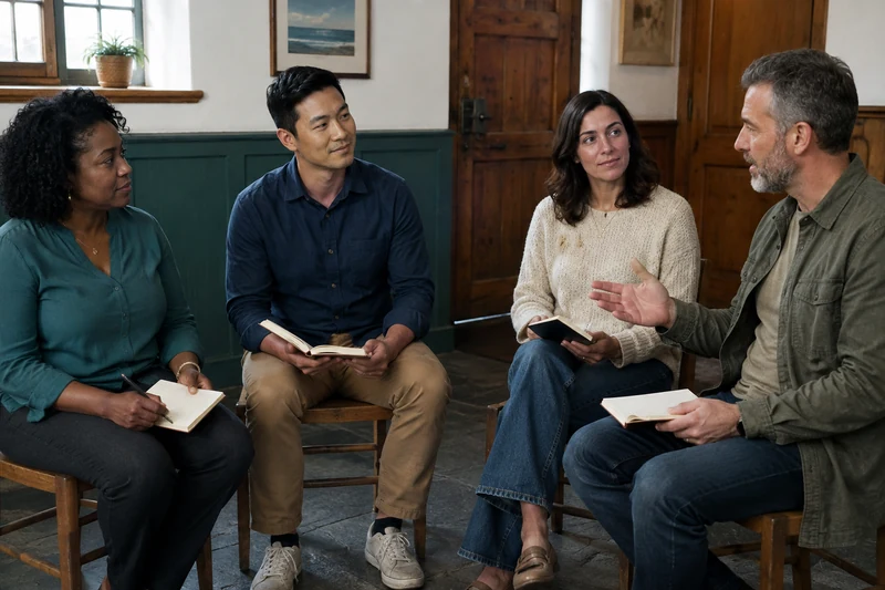 Four friends discussing what they noticed in a shared study