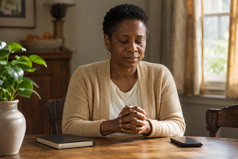 A woman pausing in prayer after study at her dining table