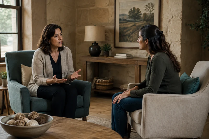 Two women having a careful conversation in separate armchairs
