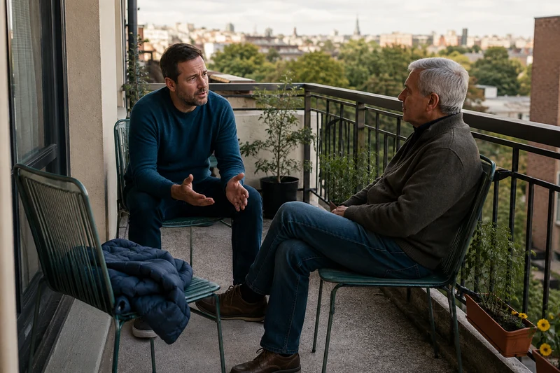 Two friends speaking together on a quiet balcony