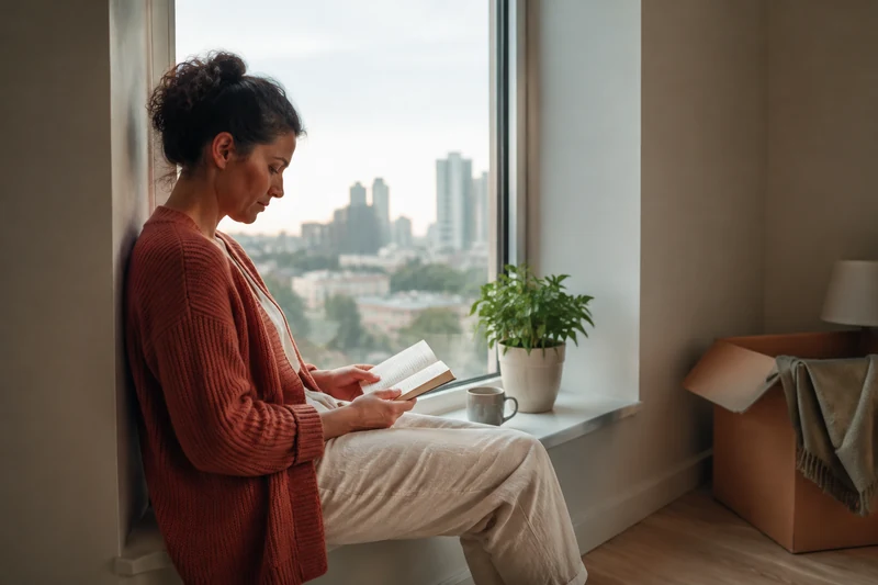 A woman reading quietly on a window seat during a period of change
