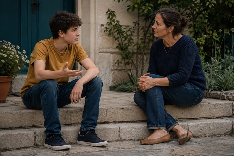 A mother listening as her teenage son speaks on the front steps