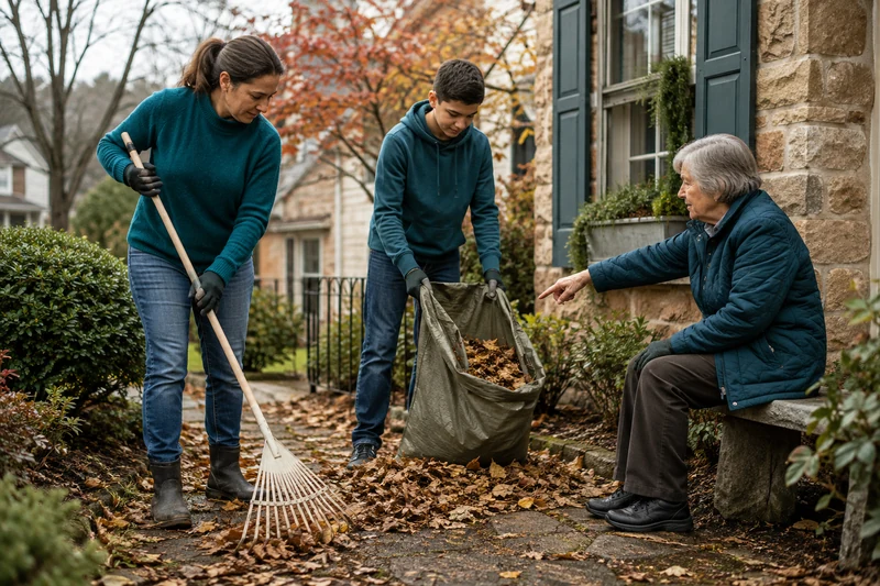 A parent and teenager helping an older neighbor clear a path