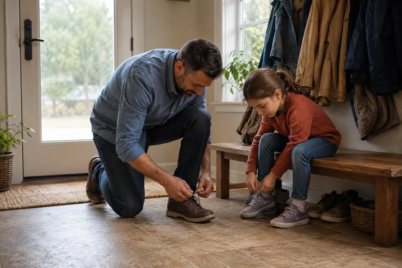 A father patiently helping his daughter learn to tie a shoe