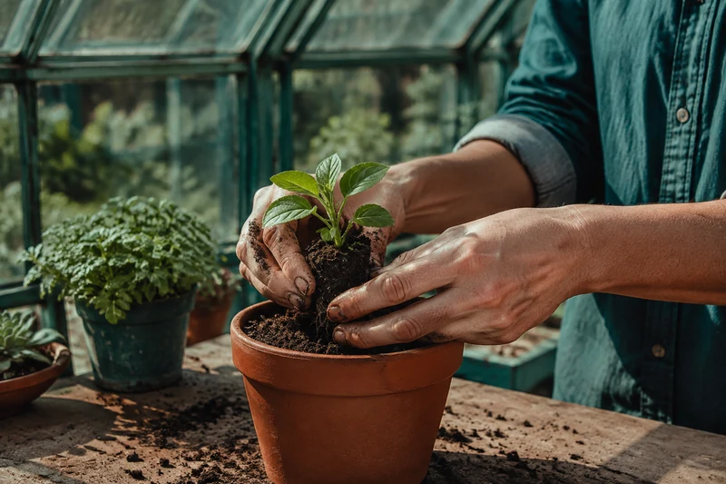 Hands tending a small seedling in a greenhouse