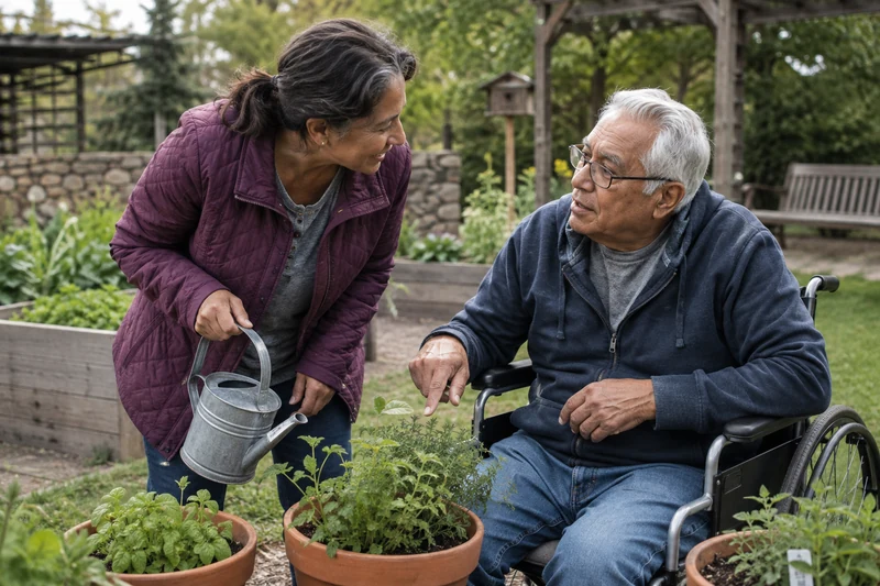 A woman and an older man using a wheelchair tending herbs together in a community garden