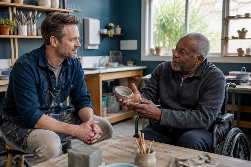 A volunteer listening as an older man describes his handmade bowl