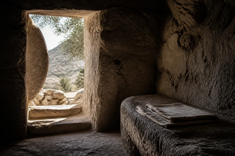 An illustrative empty burial chamber with daylight entering its open doorway