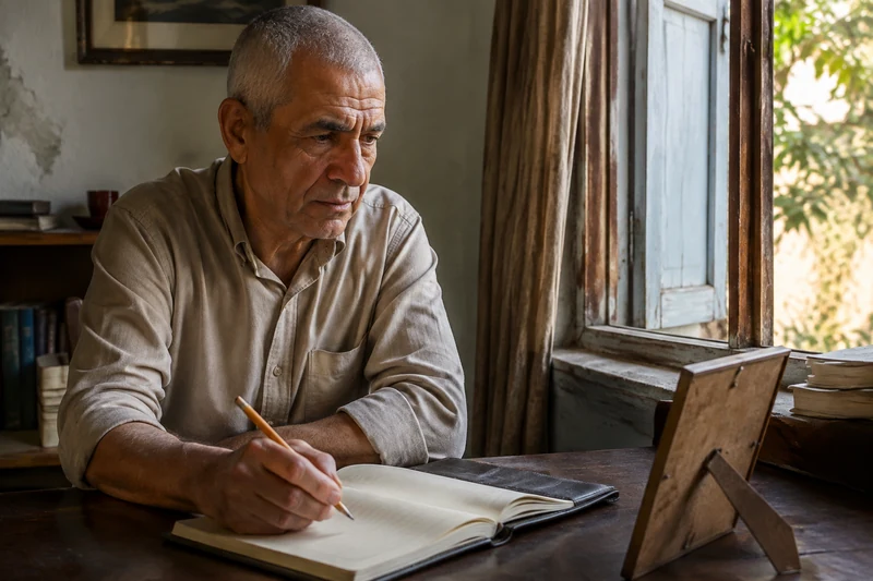 An older man pausing beside a notebook and a family photograph