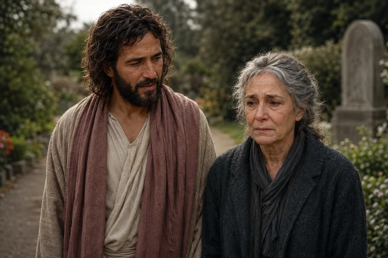 Jesus Christ accompanying a grieving woman on a garden path