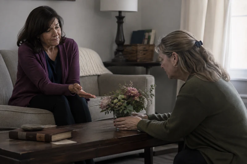 A friend arranging flowers where a grieving woman welcomes them