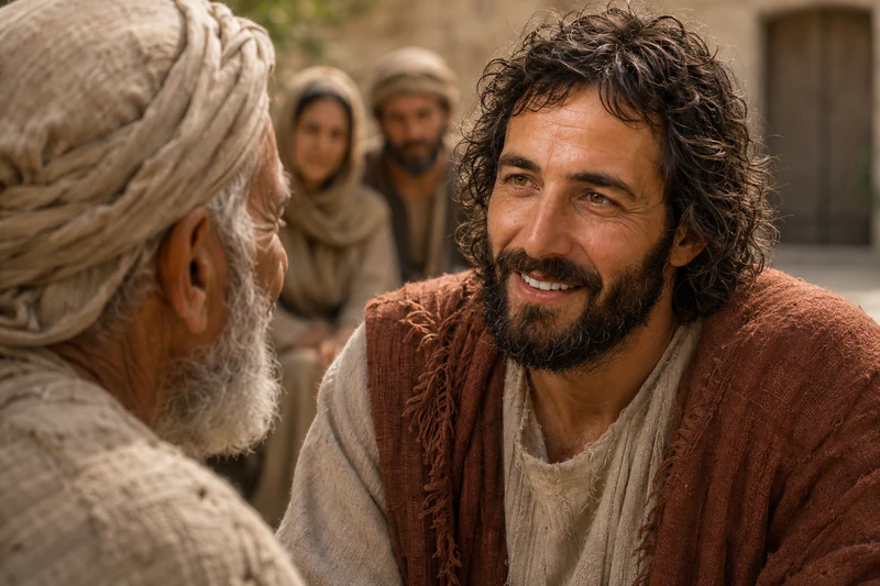 Jesus Christ listening attentively to an elderly man in a courtyard