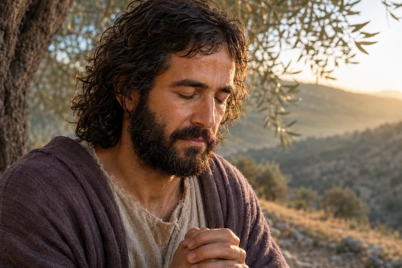 Jesus Christ in a muted aubergine robe praying quietly beside an olive tree