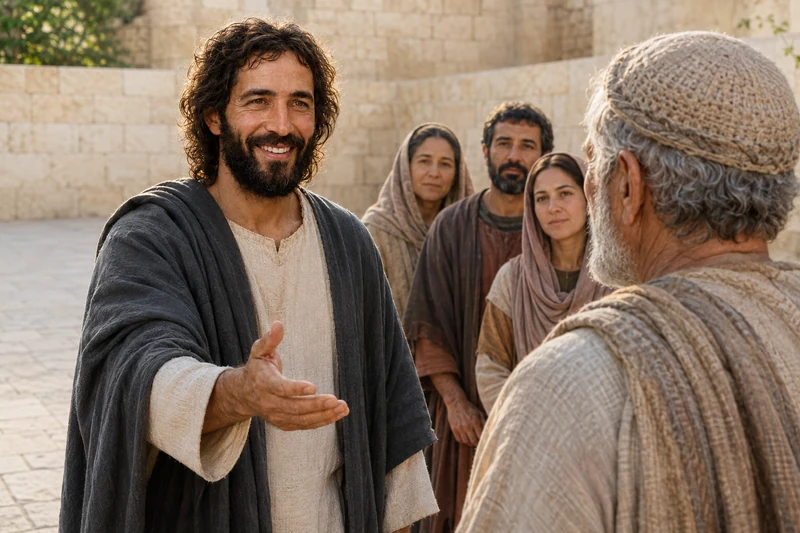 Jesus Christ in a charcoal mantle extending an open hand toward an elderly man in a courtyard