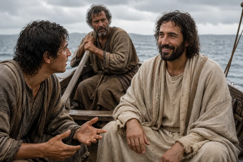 Jesus Christ wearing a textured sand-gray mantle with a brown woven edge, seated in a wooden boat and listening to a young disciple