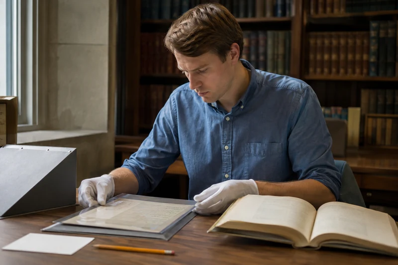 A reader examining a written document beside an open book in an archive