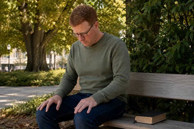 A man pausing in prayer beside a closed book in a quiet park
