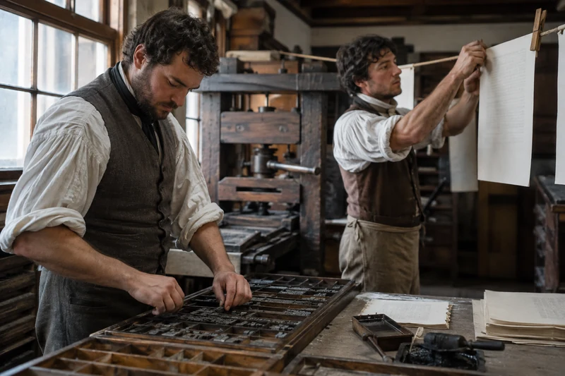 Early nineteenth-century printers prepare type and paper